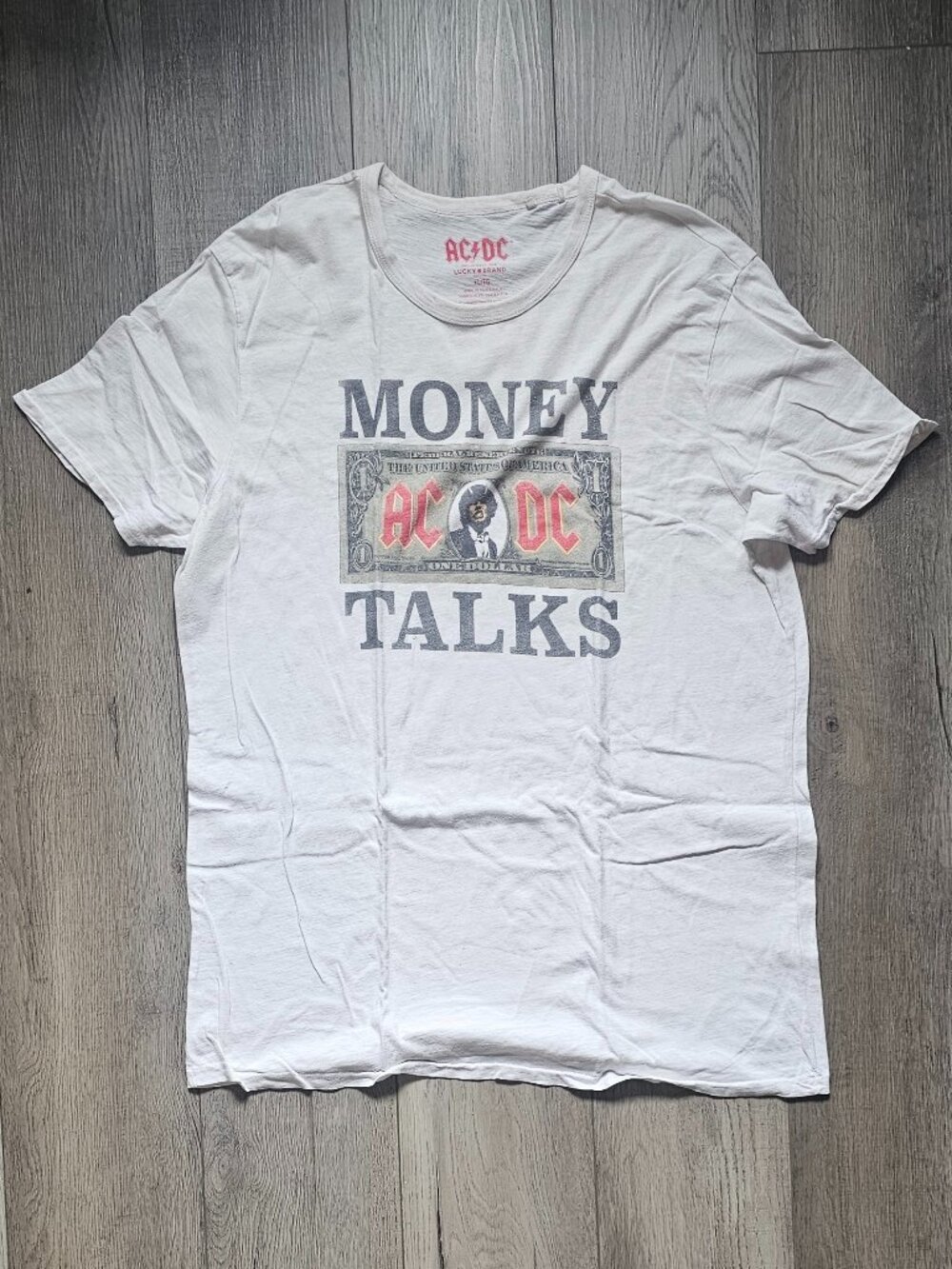 Lucky Brand AC/DC Money Talks Graphic T-Shirt Mens XL White Dollar Bill Band Tee